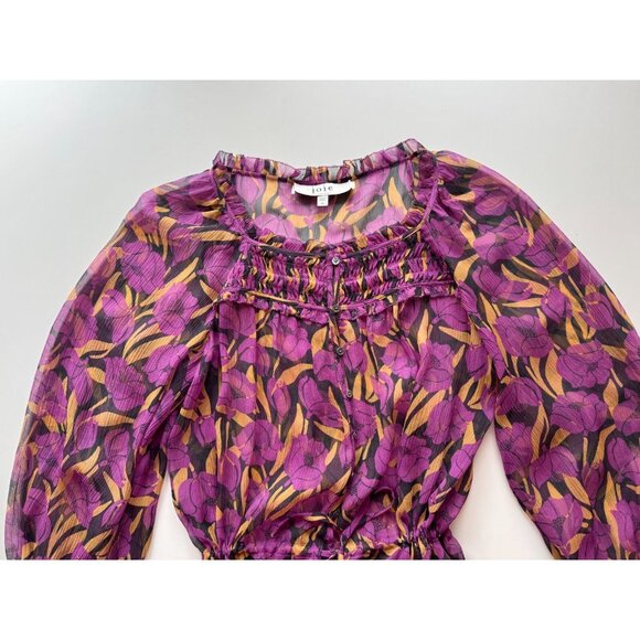 JOIE Asseline Purple Floral Print Crinkle Silk Peplum Tie Blouse Top, Size XS - Picture 3 of 9